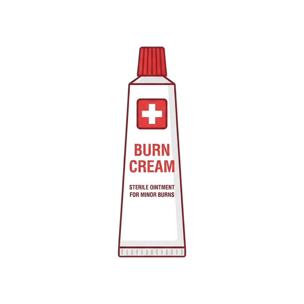 A tube of burn cream with a red cross symbol and text reading Burn Cream and Sterile Ointment for Minor Burns