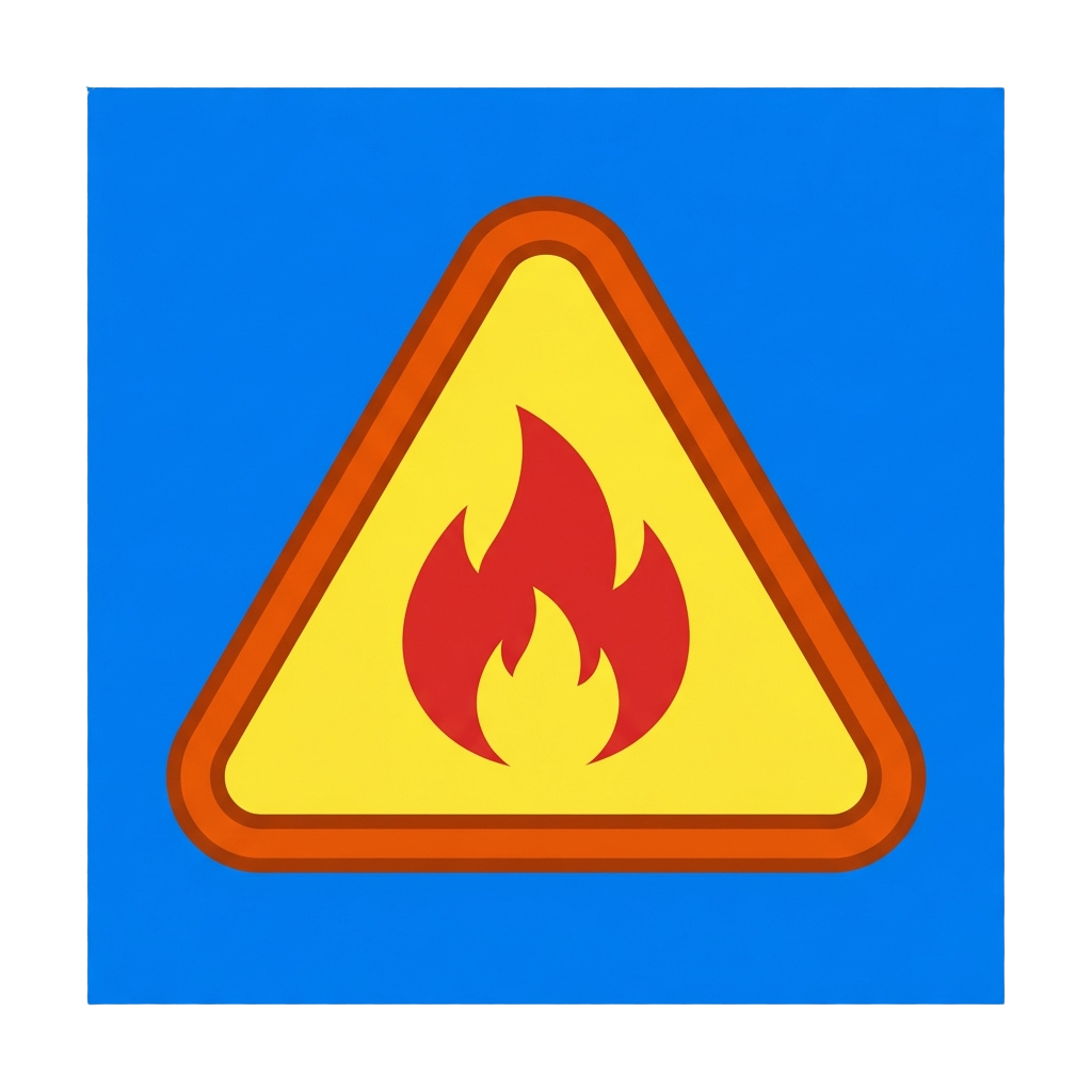 Yellow triangular warning sign with red flame graphic inside, bordered in orange, on blue background