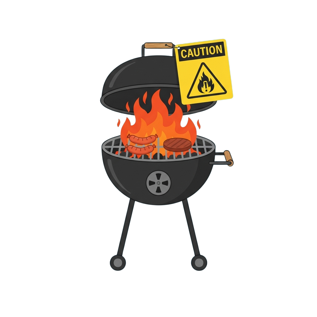 Illustration of a barbecue grill with flames and a caution sign indicating fire hazard