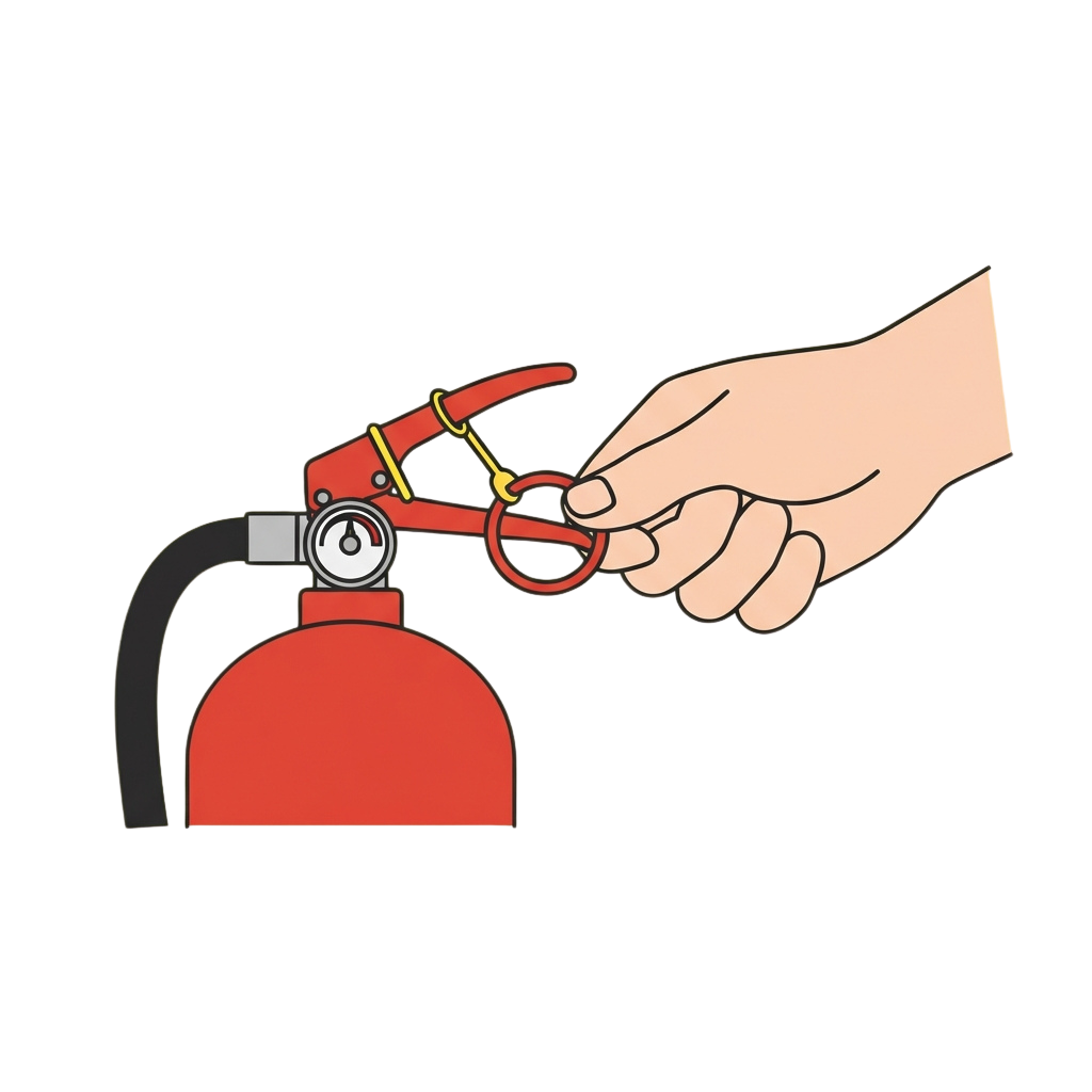 Hand pulling the safety pin from a red fire extinguisher