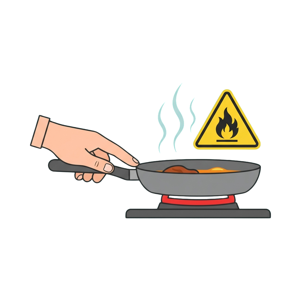 Hand stirring hot pan on stove with caution warning symbol above
