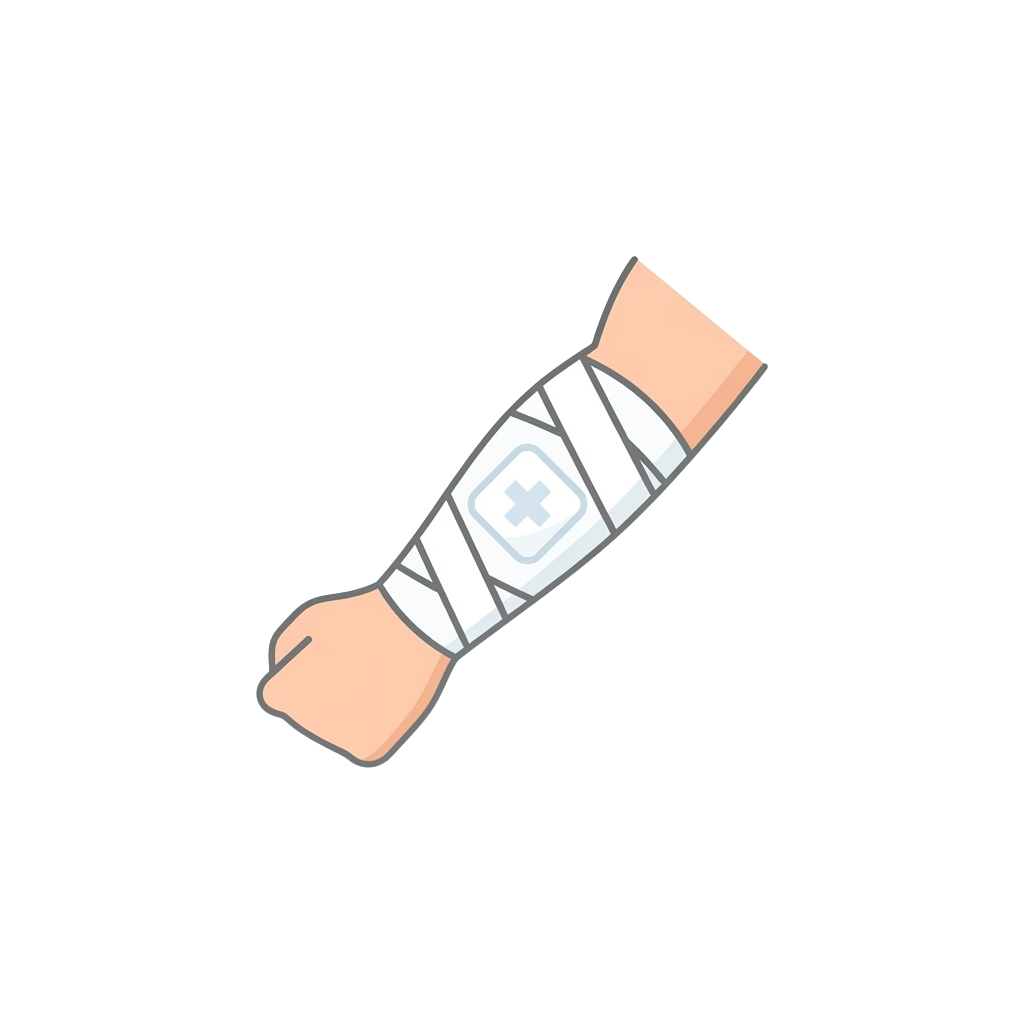 An arm wrapped with a white medical sleeve featuring a cross pattern and a small sensor device