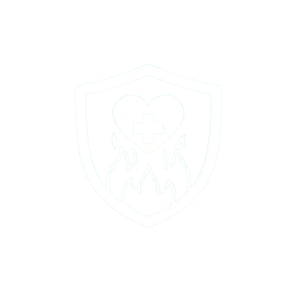 A shield emblem featuring a heart with a cross inside and two flames at the bottom