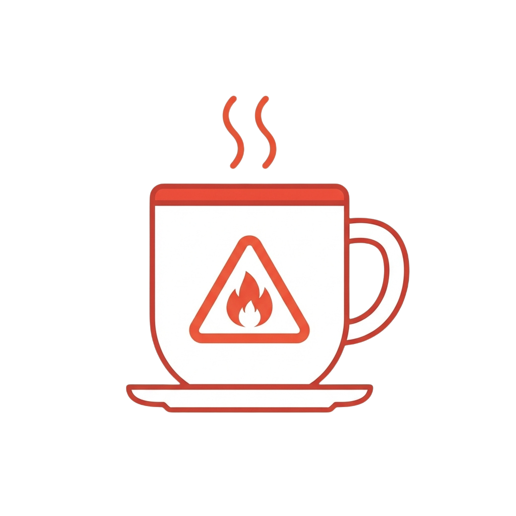 A white coffee cup with a red triangle warning symbol and flame inside, indicating caution for hot contents.
