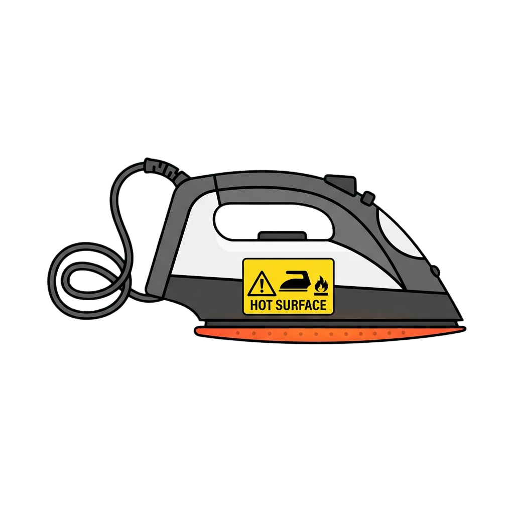 An electric iron with a yellow warning label indicating a hot surface and a coiled power cord.