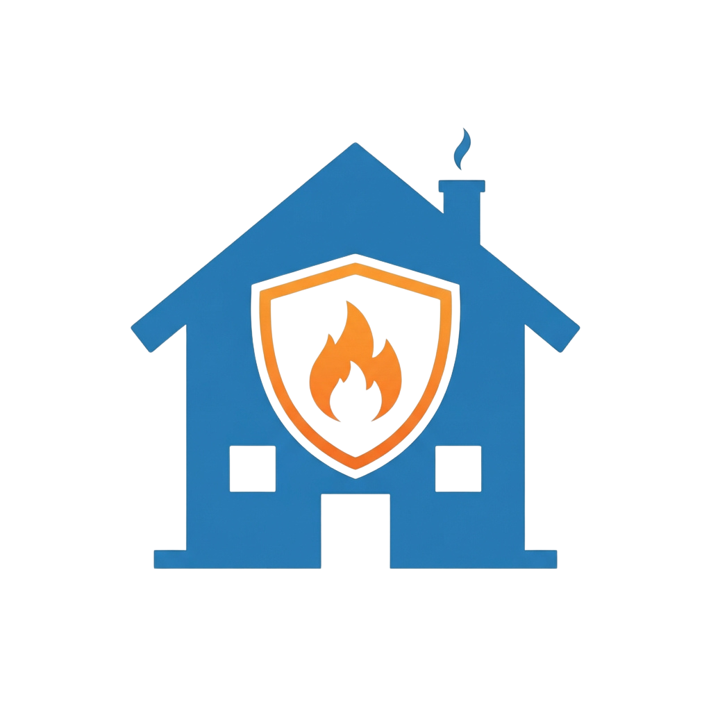 Blue house icon featuring a flame inside a shield symbolizing fire safety protection