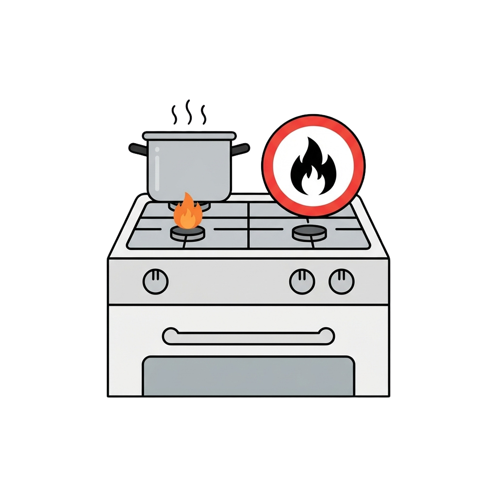Illustration of a gas stove with a pot on a lit burner and a fire prohibition symbol above it