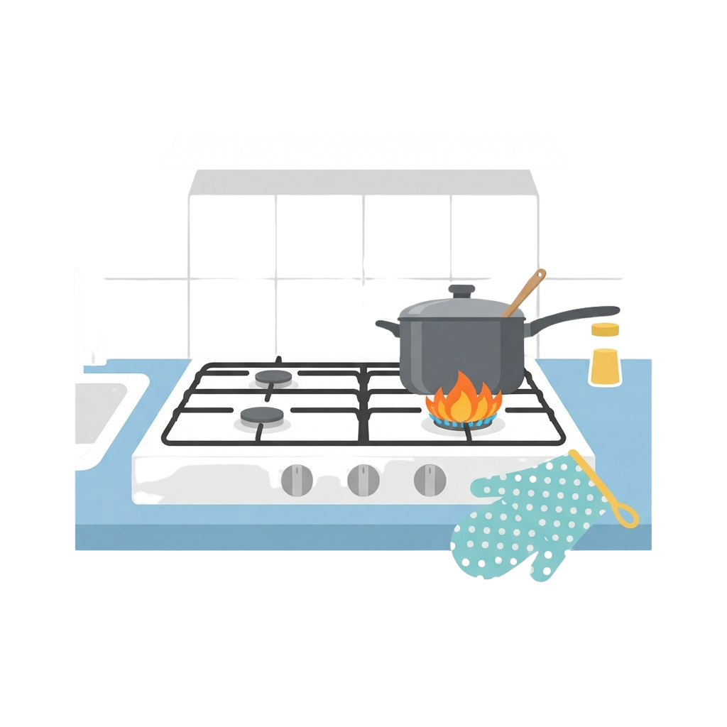 Illustration of a gas stove with a pot on one burner, flames lit, and a whisk on the counter