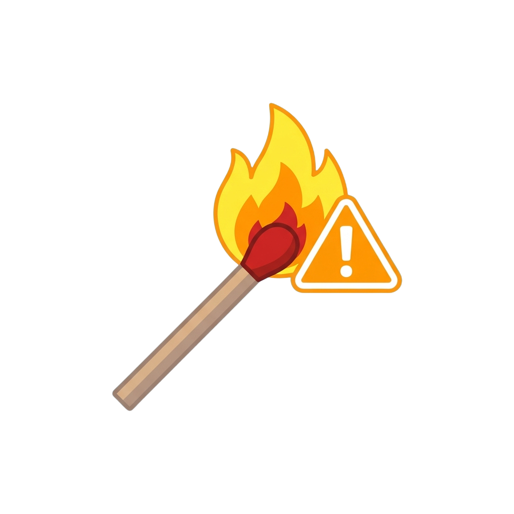 A lit match with fire and an orange triangular warning sign with an exclamation mark