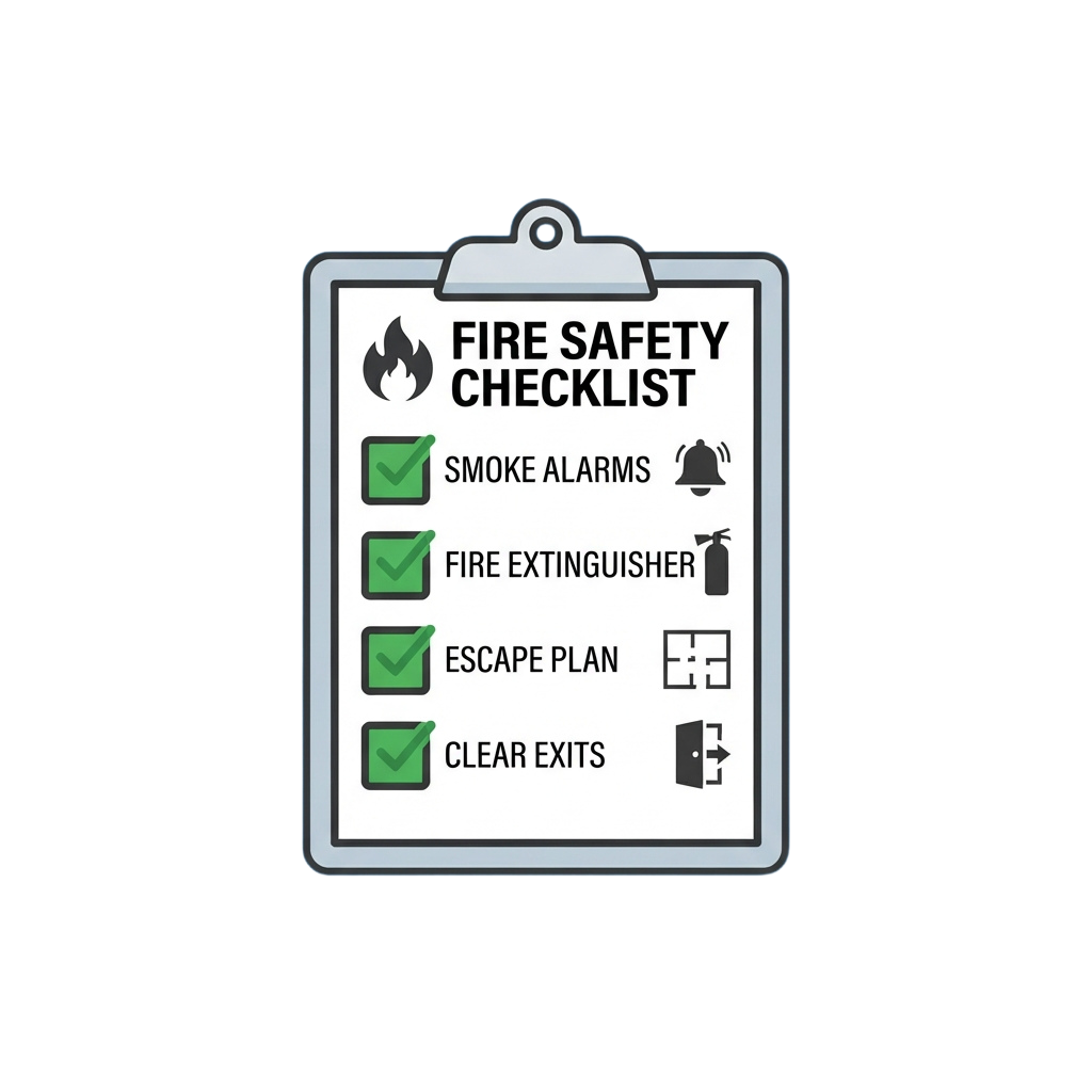 Clipboard with fire safety checklist showing smoke alarms, fire extinguisher, escape plan, and clear exits marked complete