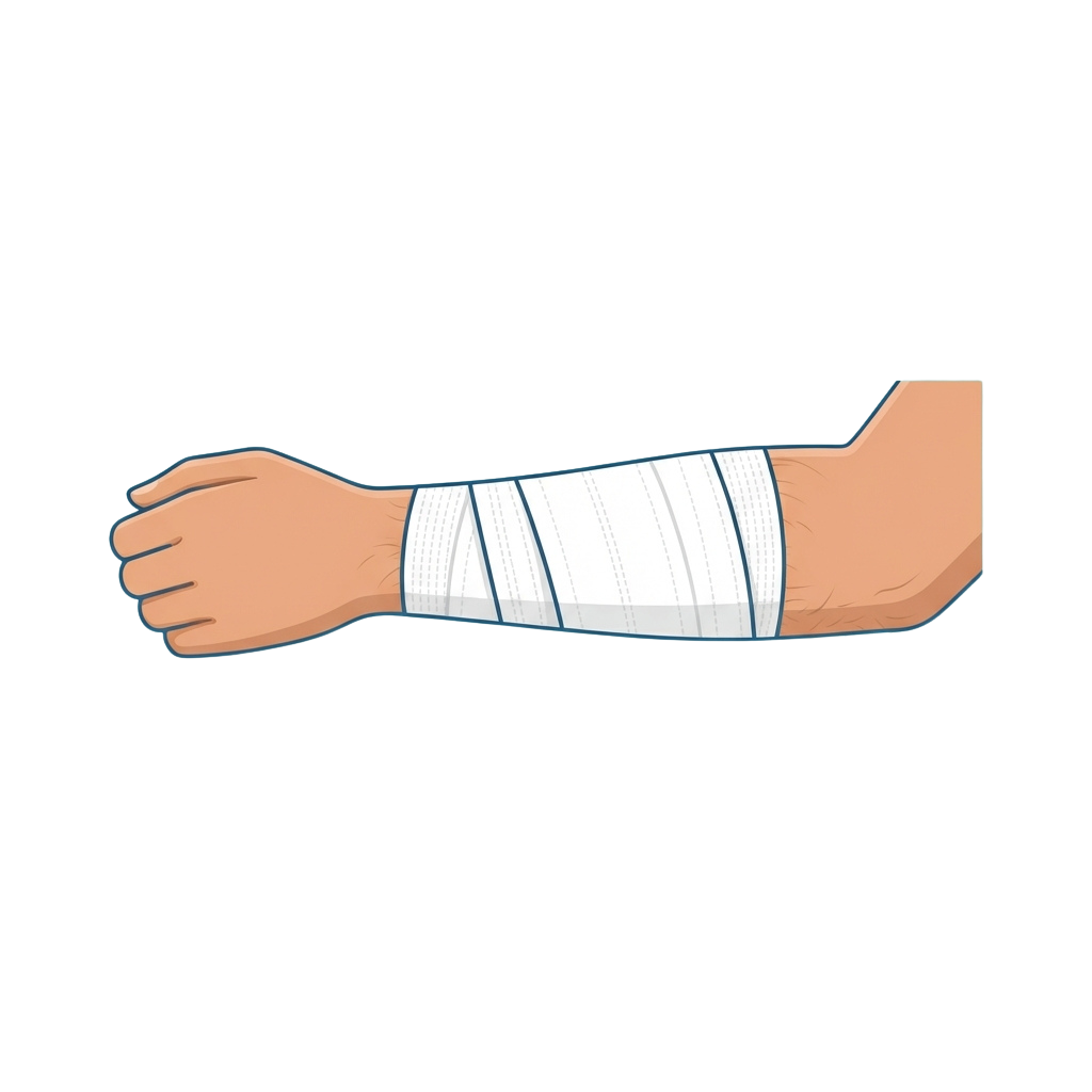 An arm wrapped with a white gauze bandage from wrist to elbow