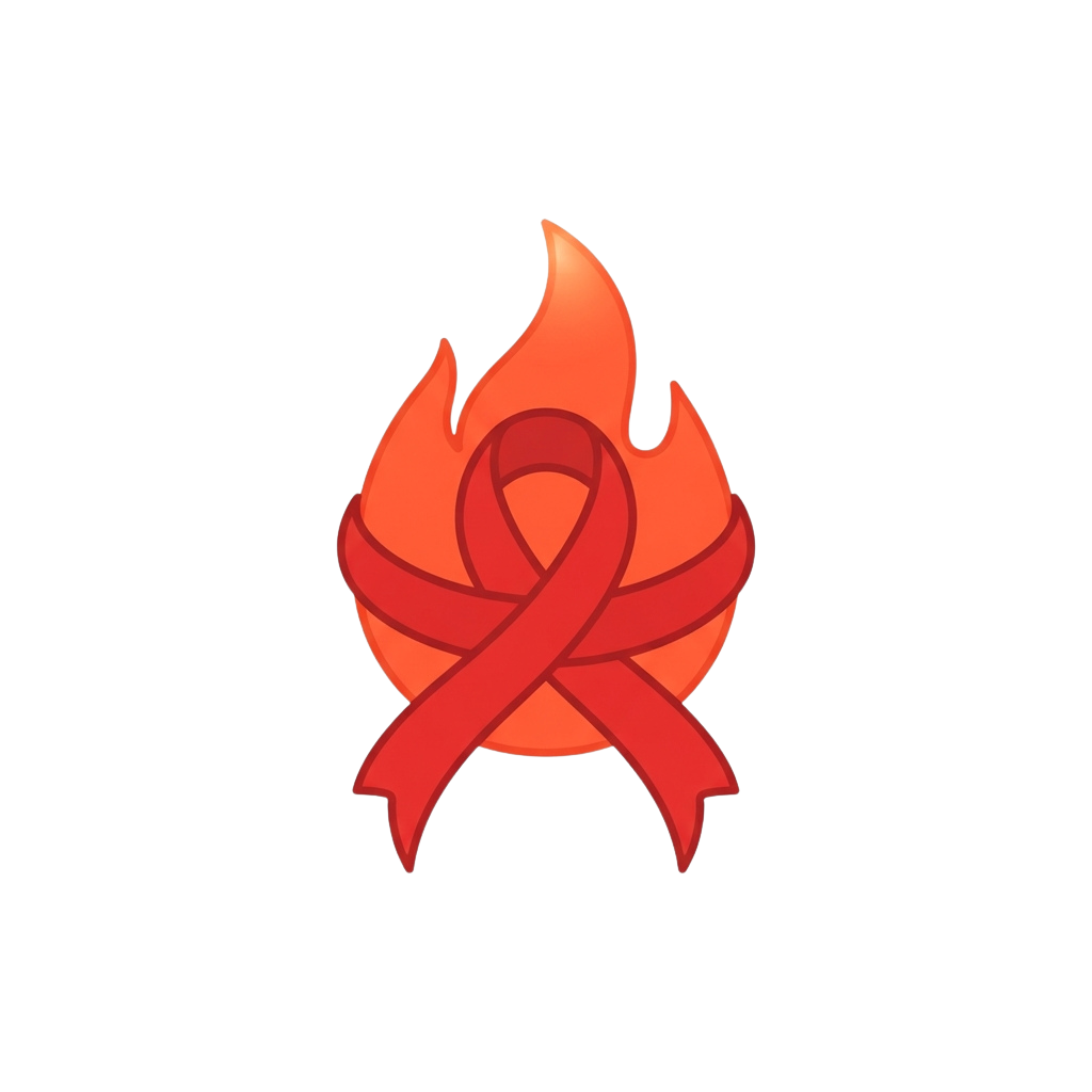 A stylized red ribbon wrapped around a flame icon