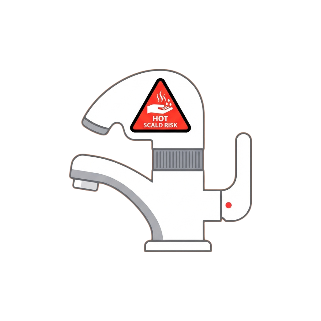 White faucet graphic with red hot scald risk warning triangle and hand icon