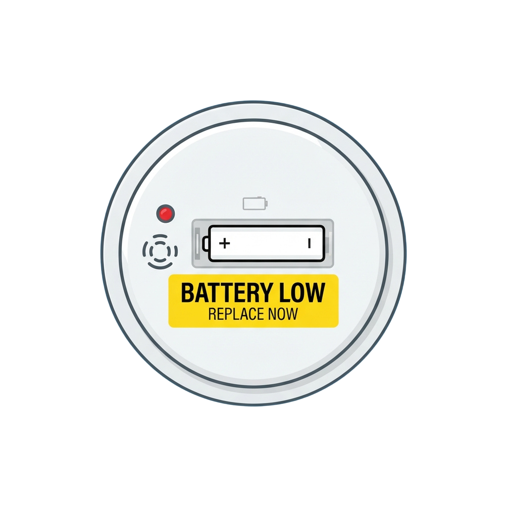 Circular device display showing a low battery warning with replace now message and battery icon