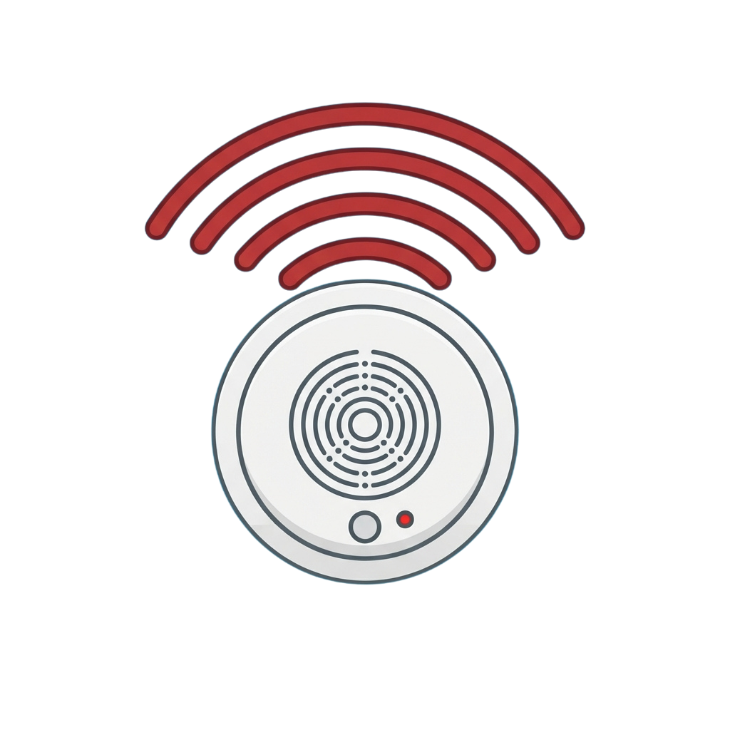 Smoke detector with wireless signal waves radiating from the top