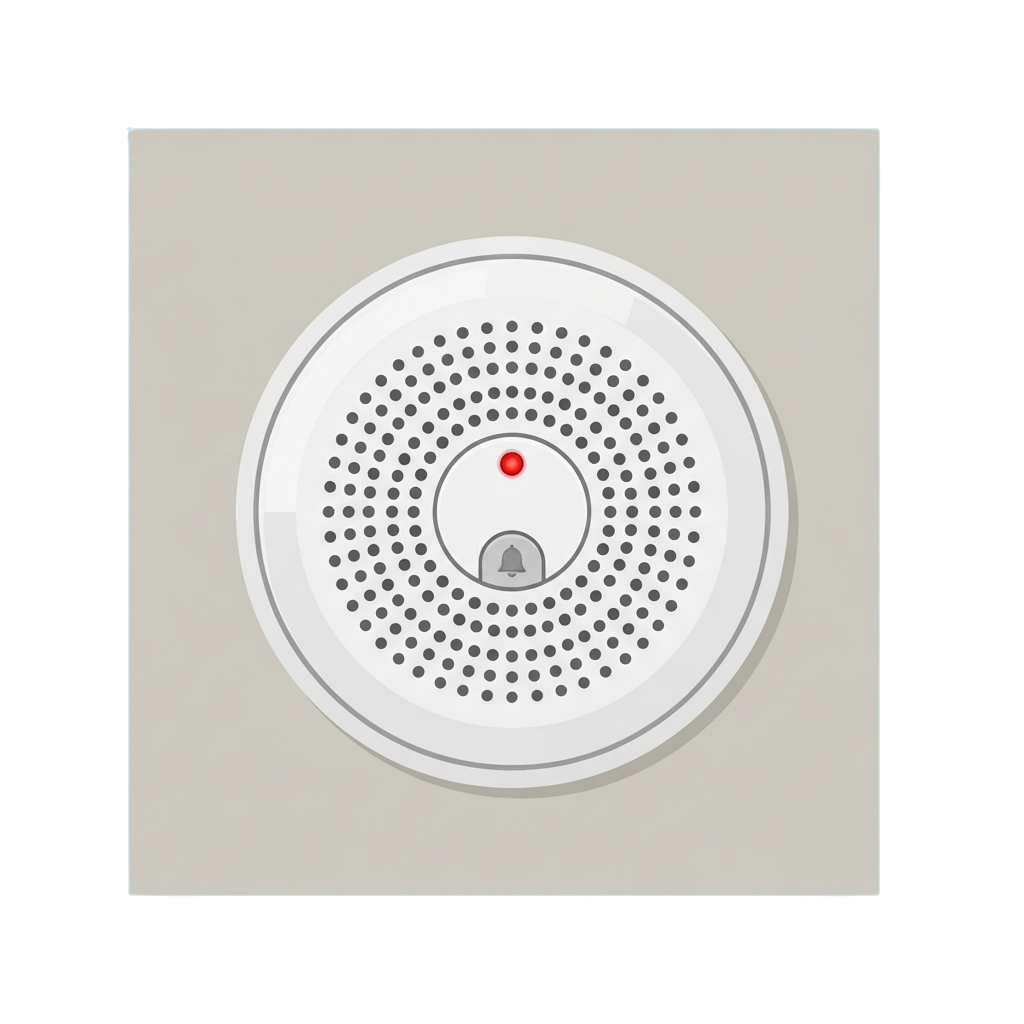 A circular smoke detector with a red alarm light illuminated and a small bell icon visible.