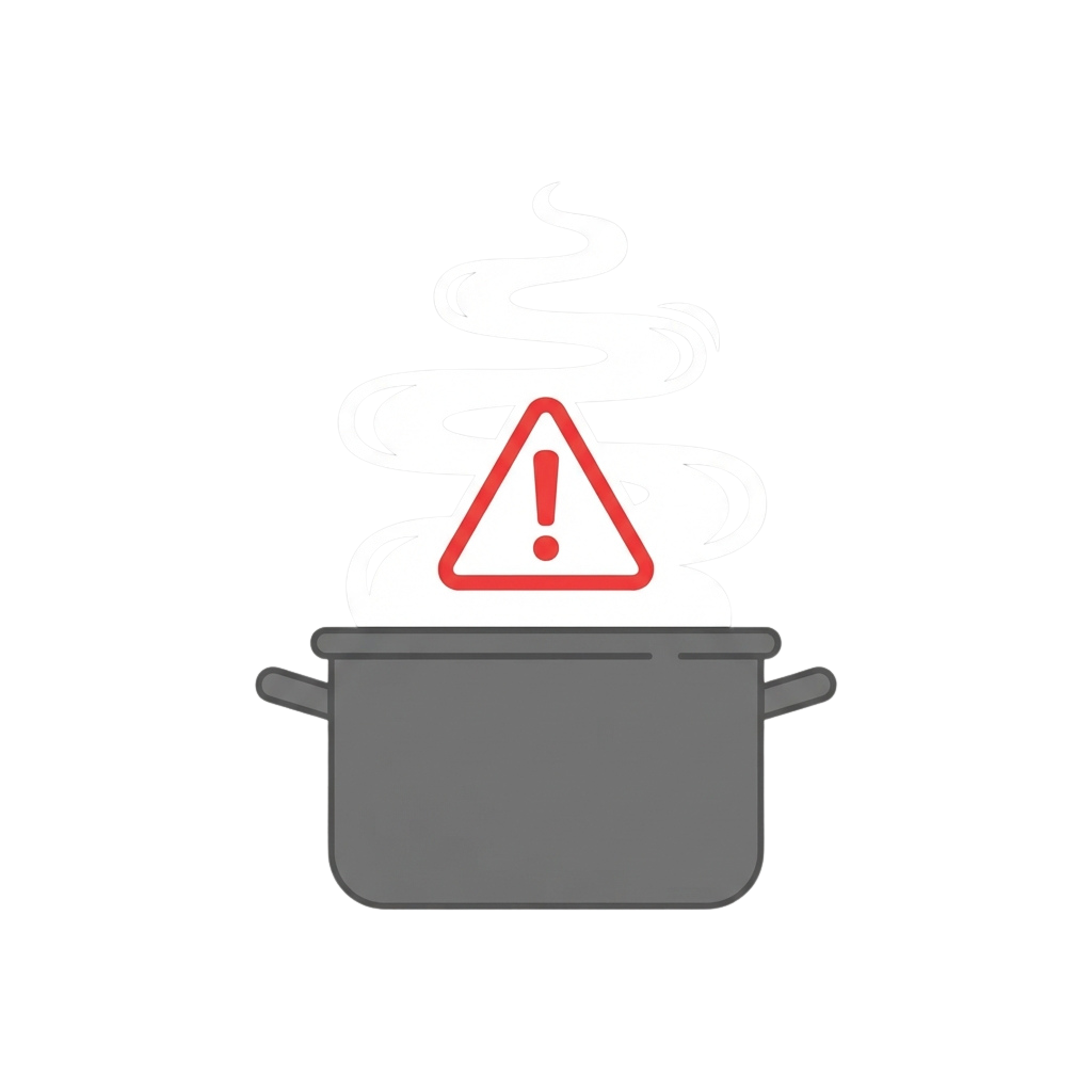 A boiling pot emitting steam with a red warning triangle exclamation mark symbol indicating danger or caution.