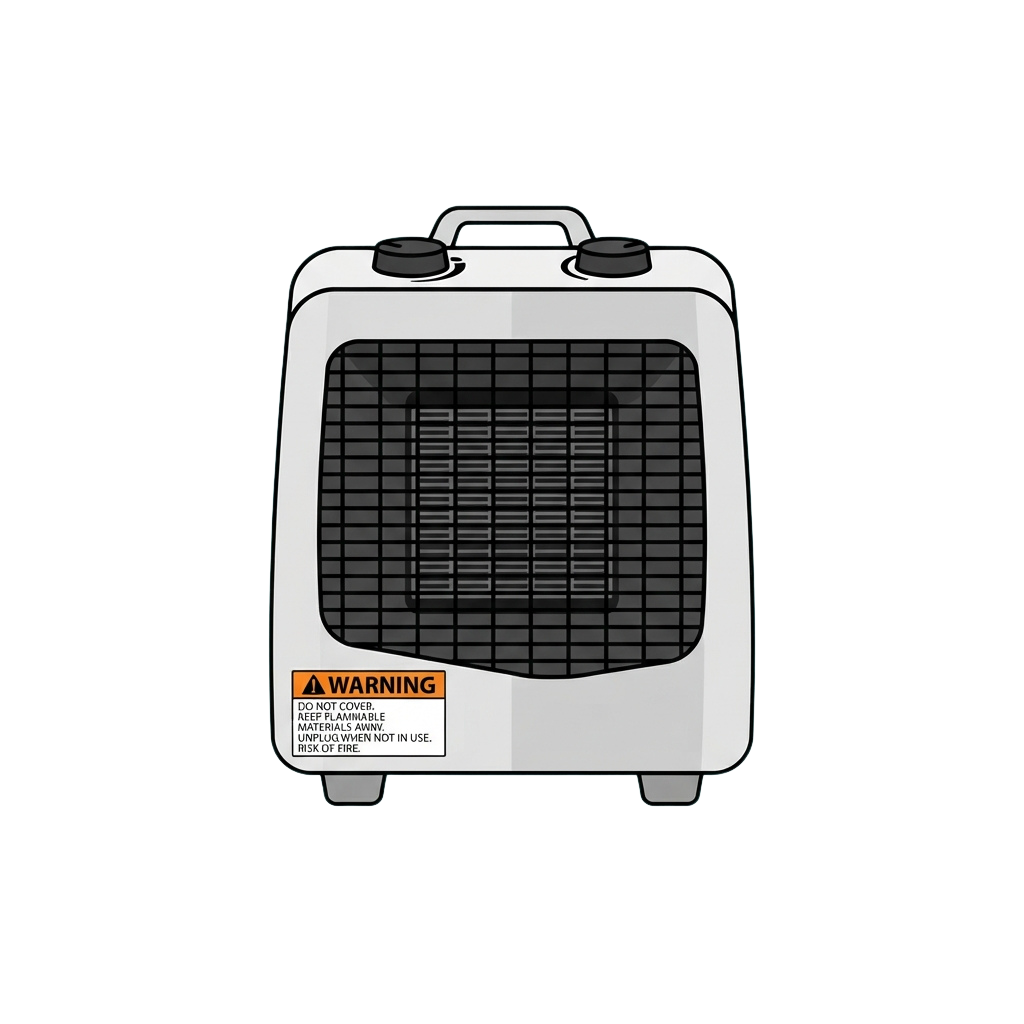 White portable electric heater with vented front and warning label at bottom
