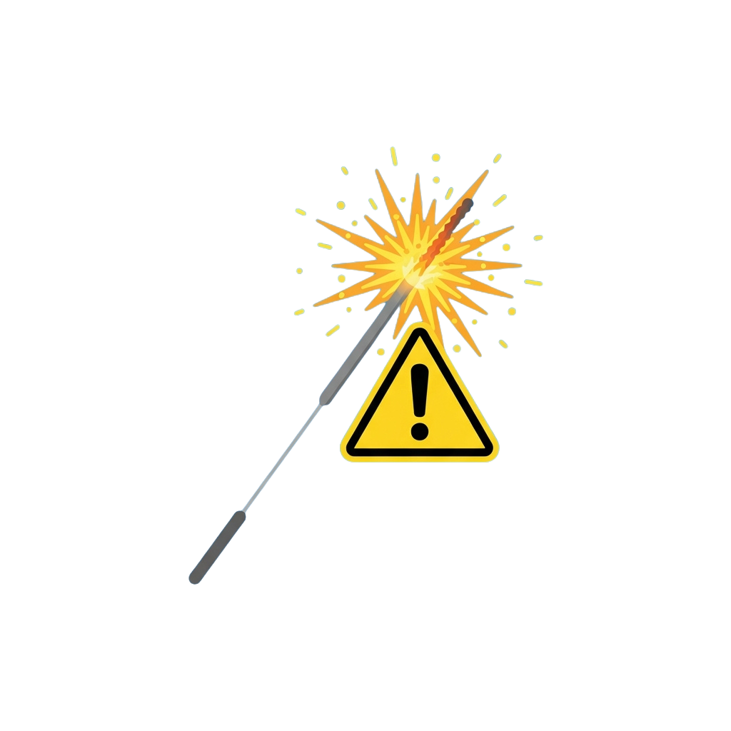 A sparkler with a yellow triangular warning sign containing an exclamation mark