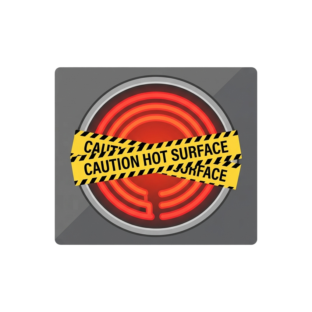 Caution tape wrapped around a glowing red hot surface warning symbol