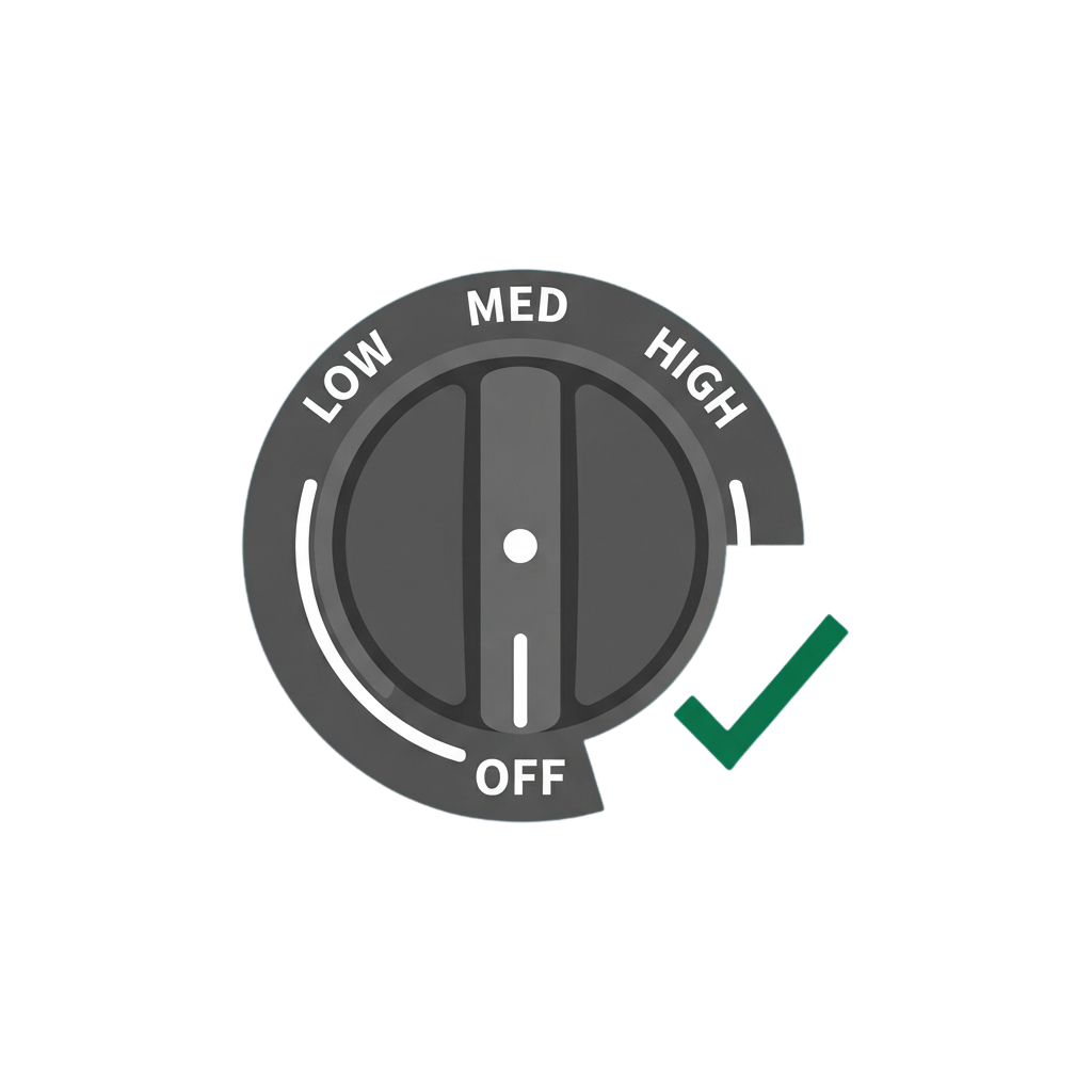 Fan speed control dial with positions labeled low, medium, high, and off, currently set to off with a green checkmark
