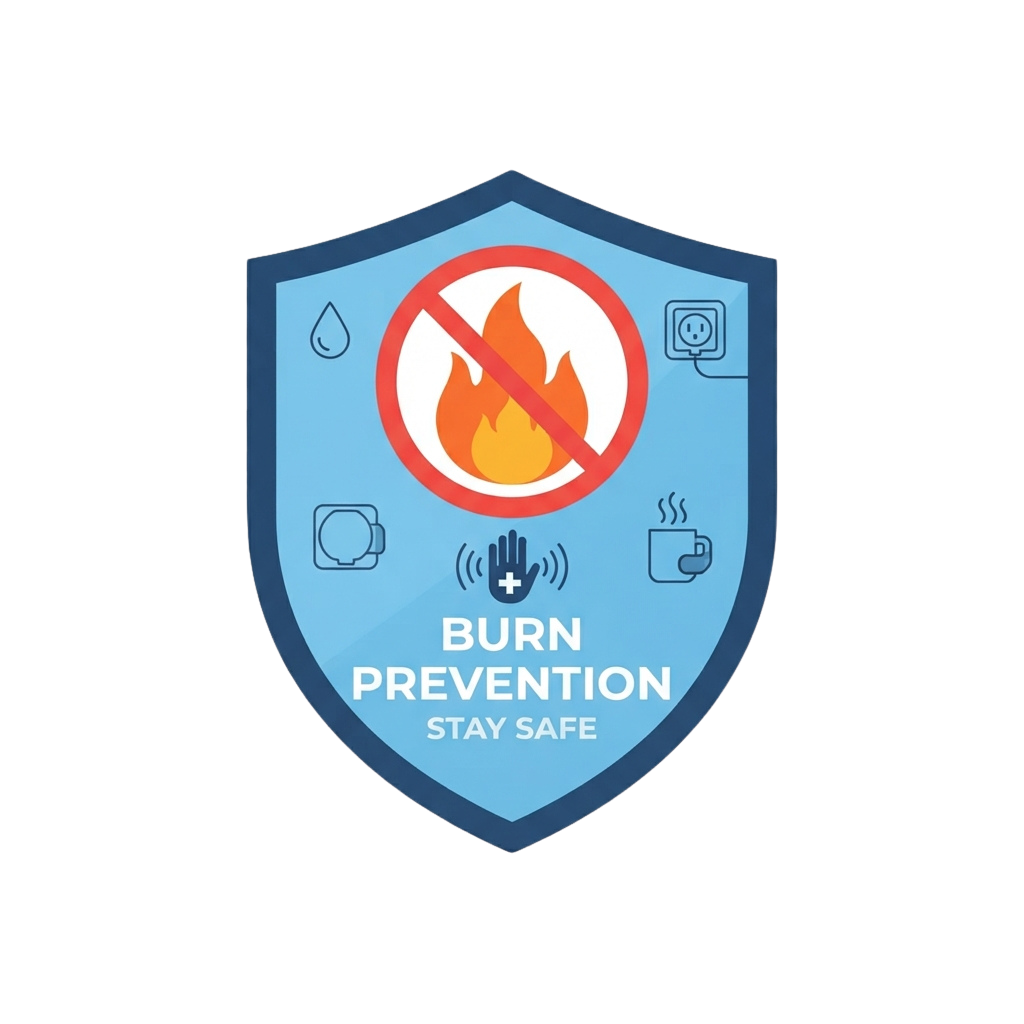 Burn prevention shield icon showing no fire symbol with safety icons around it and text Burn Prevention Stay Safe