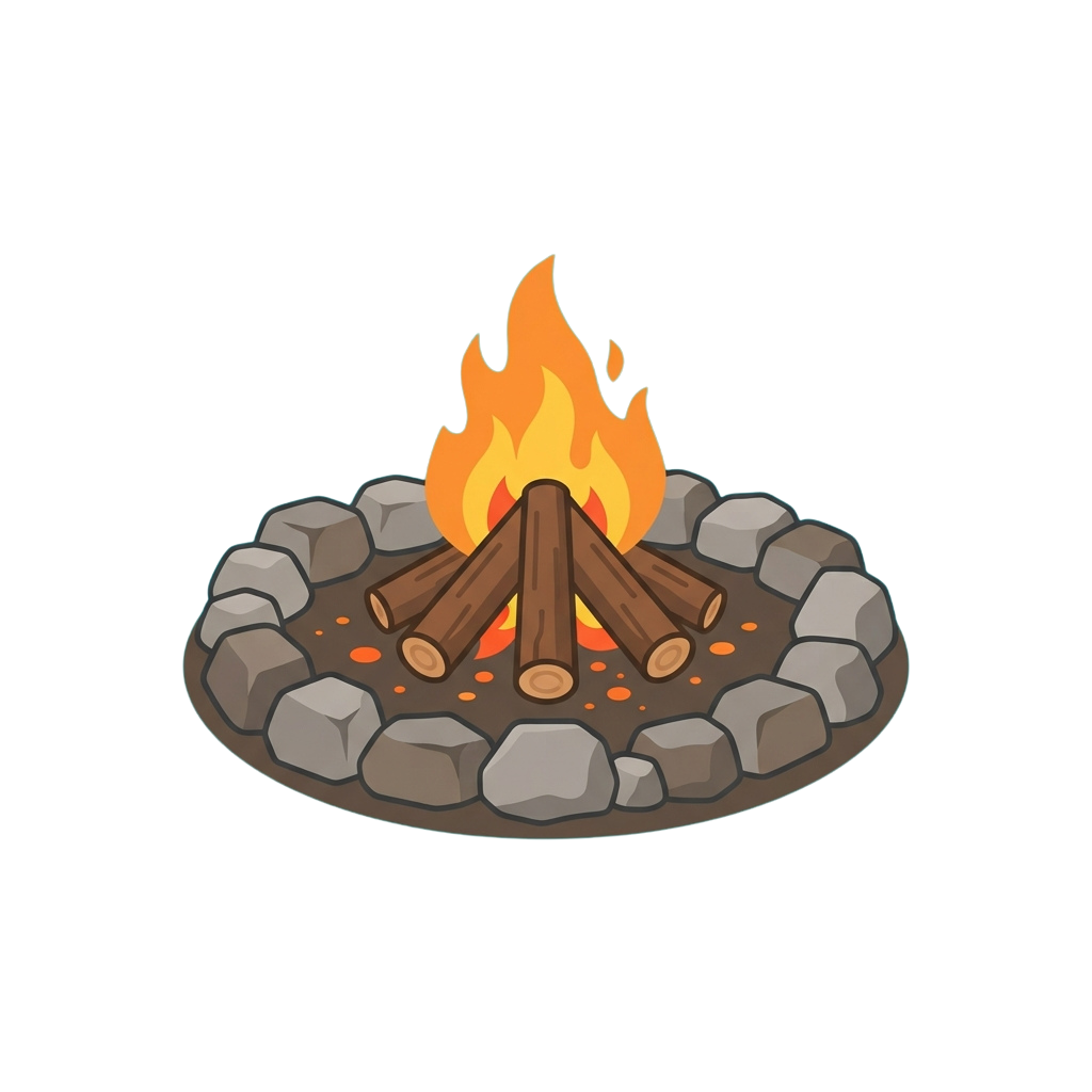 Illustration of a campfire burning inside a stone ring with logs and bright orange flames