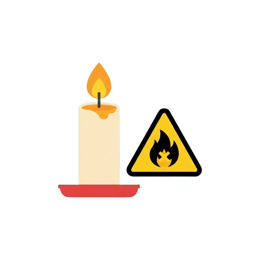 A lit candle on a red holder next to a yellow triangular fire hazard warning sign