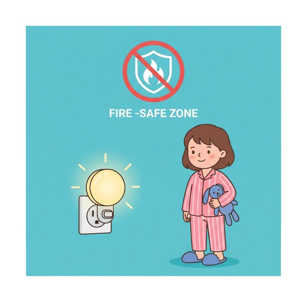 A child holding a stuffed animal next to a glowing light switch with a fire-safe zone symbol above.