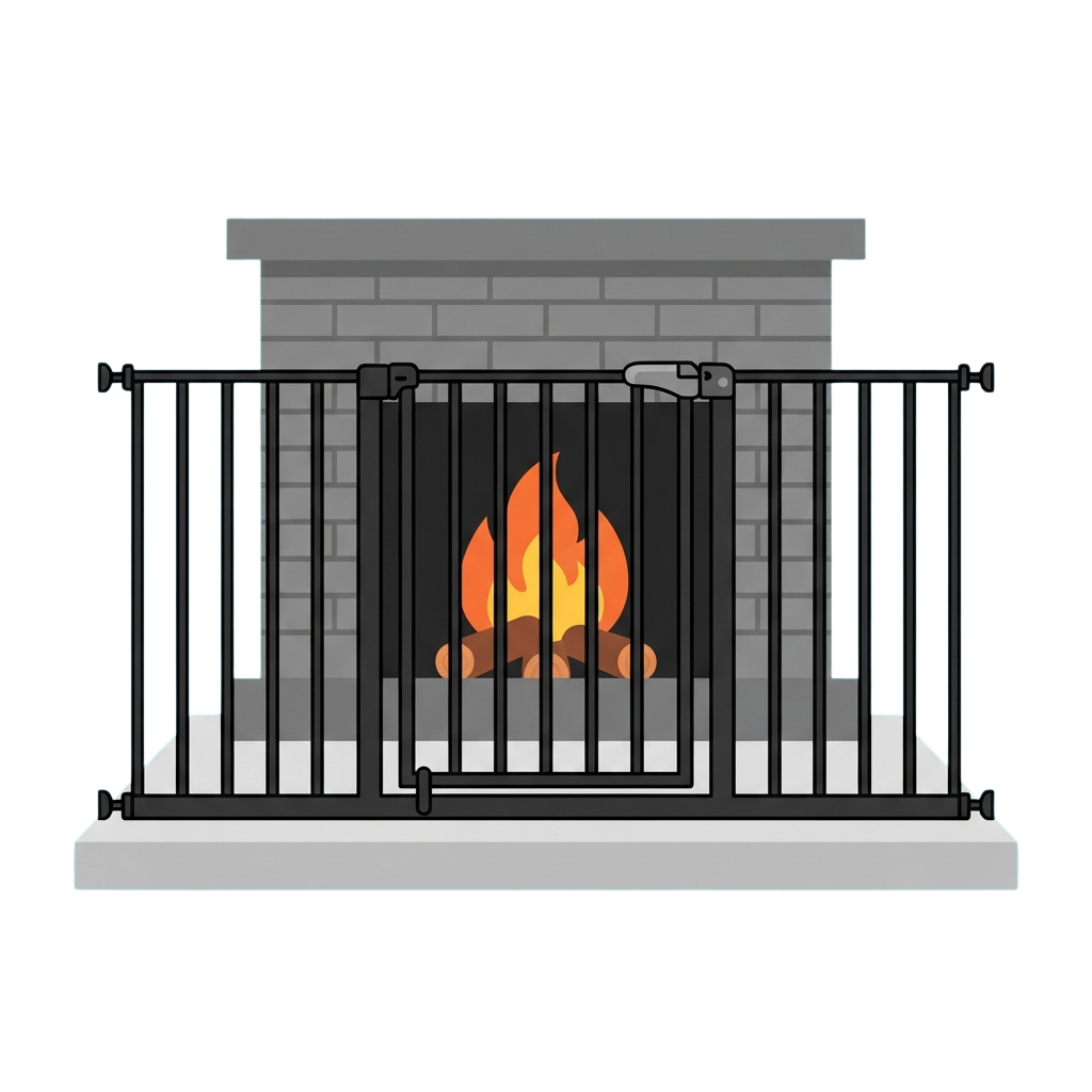 Illustration of a fireplace with a metal grate and a small burning fire inside