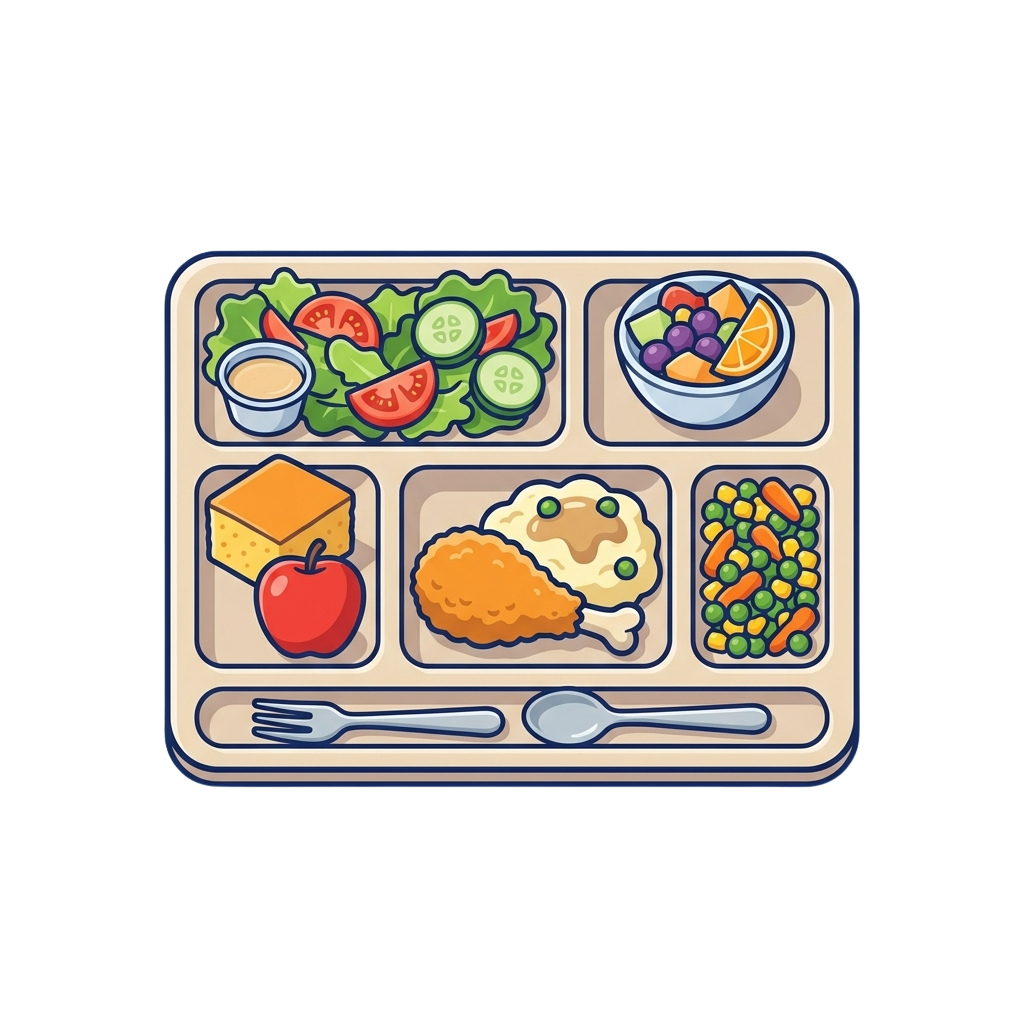 Illustration of a lunch tray with salad, fruit, cheese, meat patty, veggies, and utensils