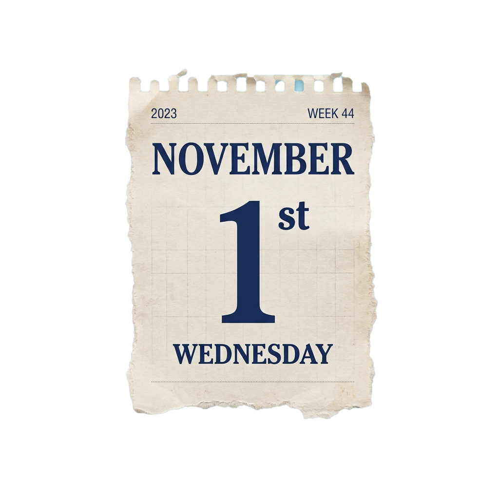 Torn calendar page showing November 1st 2023 as a Wednesday in week 44