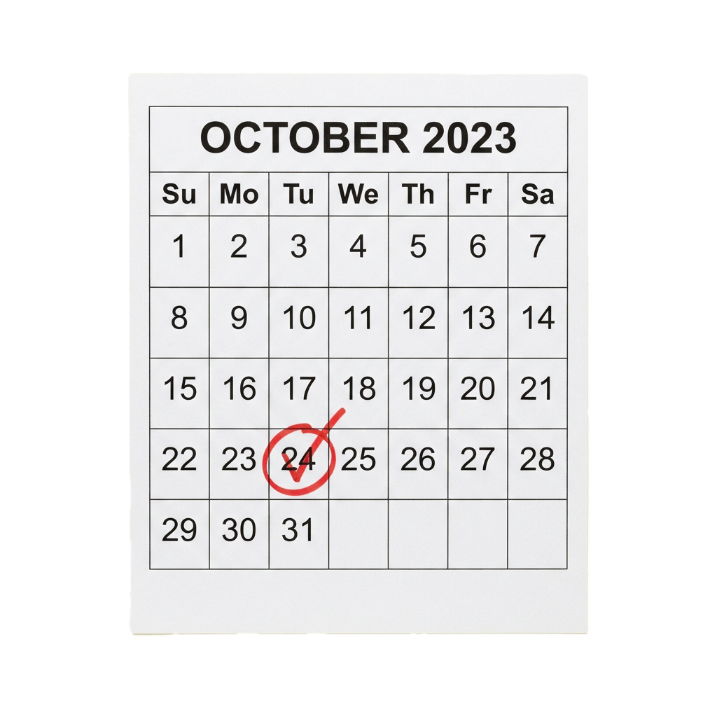 Calendar for October 2023 with October 24 circled in red