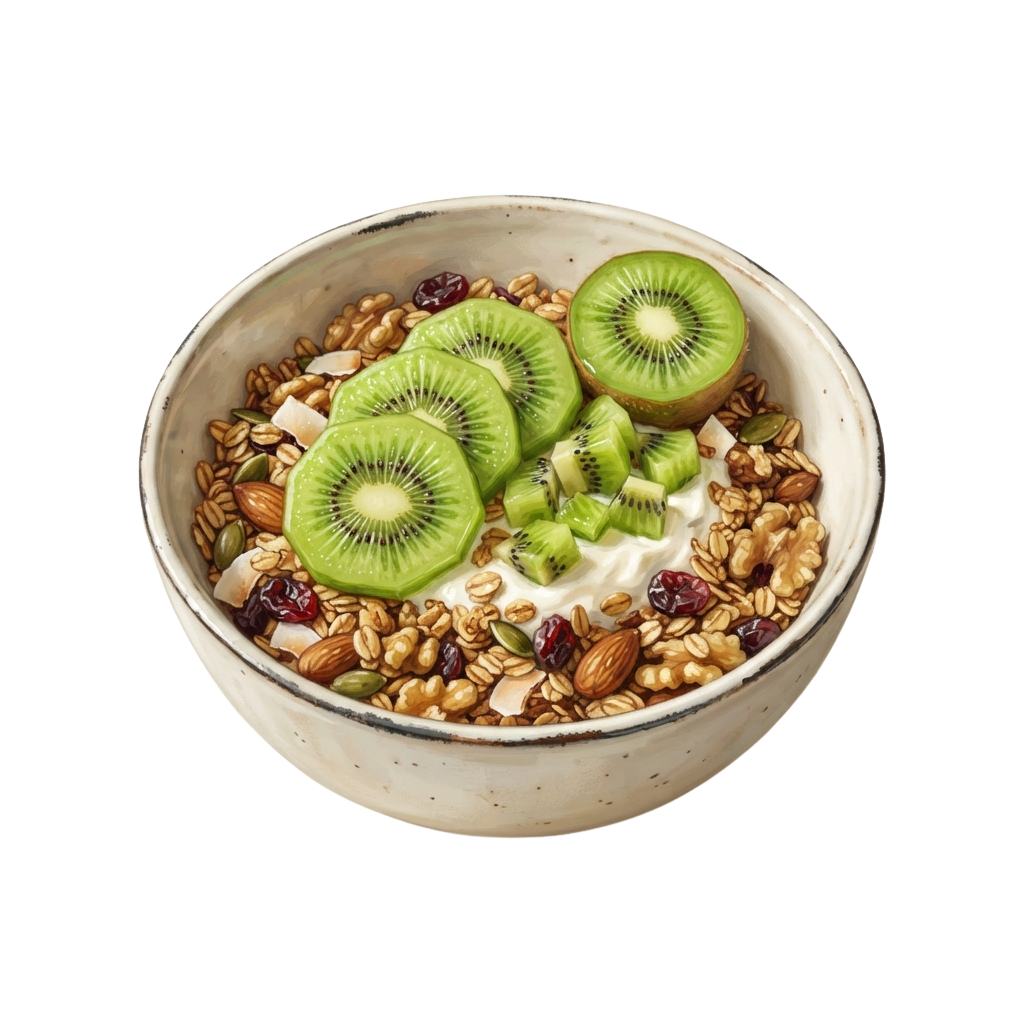 Bowl of yogurt parfait topped with kiwi slices, granola, nuts, and dried cranberries