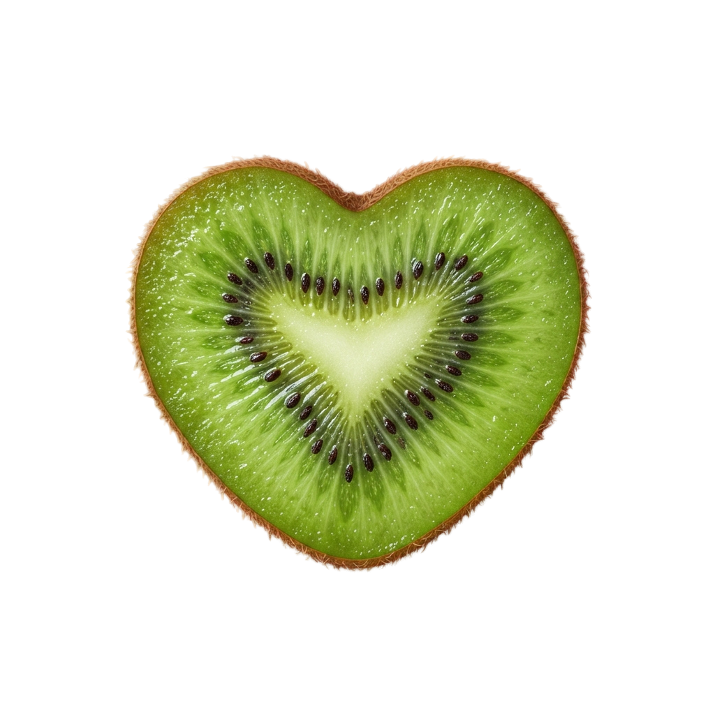 A heart-shaped cross section of a green kiwi fruit with visible black seeds radiating from the center