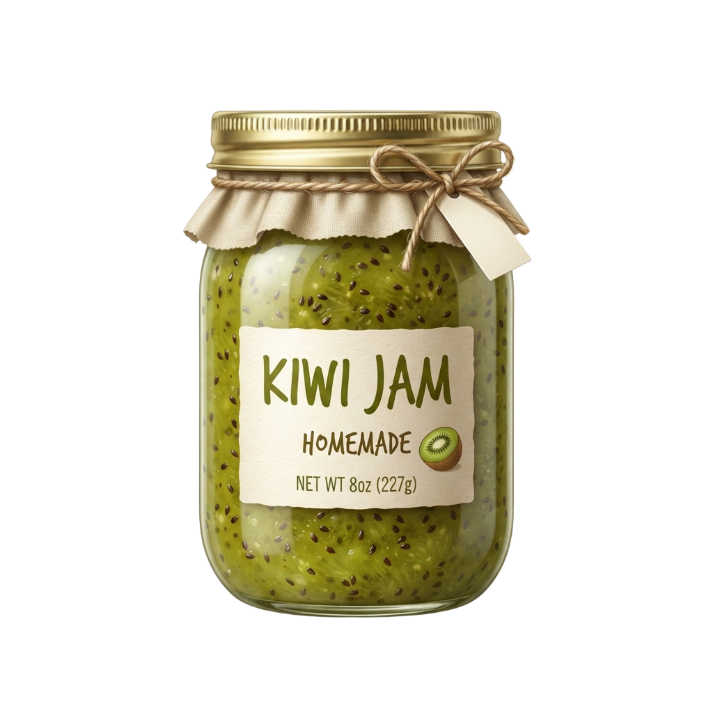 A glass jar of homemade kiwi jam with a rustic lid and twine bow, showing green jam with kiwi pieces and seeds.