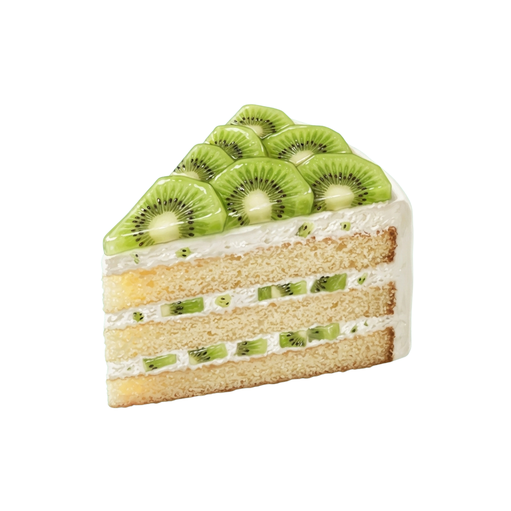 A slice of layered cake topped with fresh kiwi pieces and white cream filling