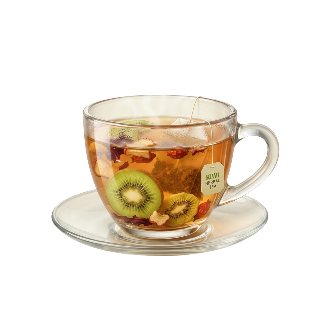 A clear glass cup filled with kiwi herbal tea, showing kiwi slices and tea bag on a white saucer