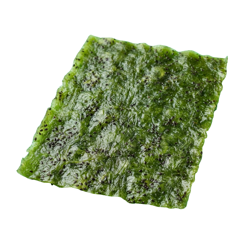 A close-up image of a green seaweed sheet with a textured, slightly wrinkled surface