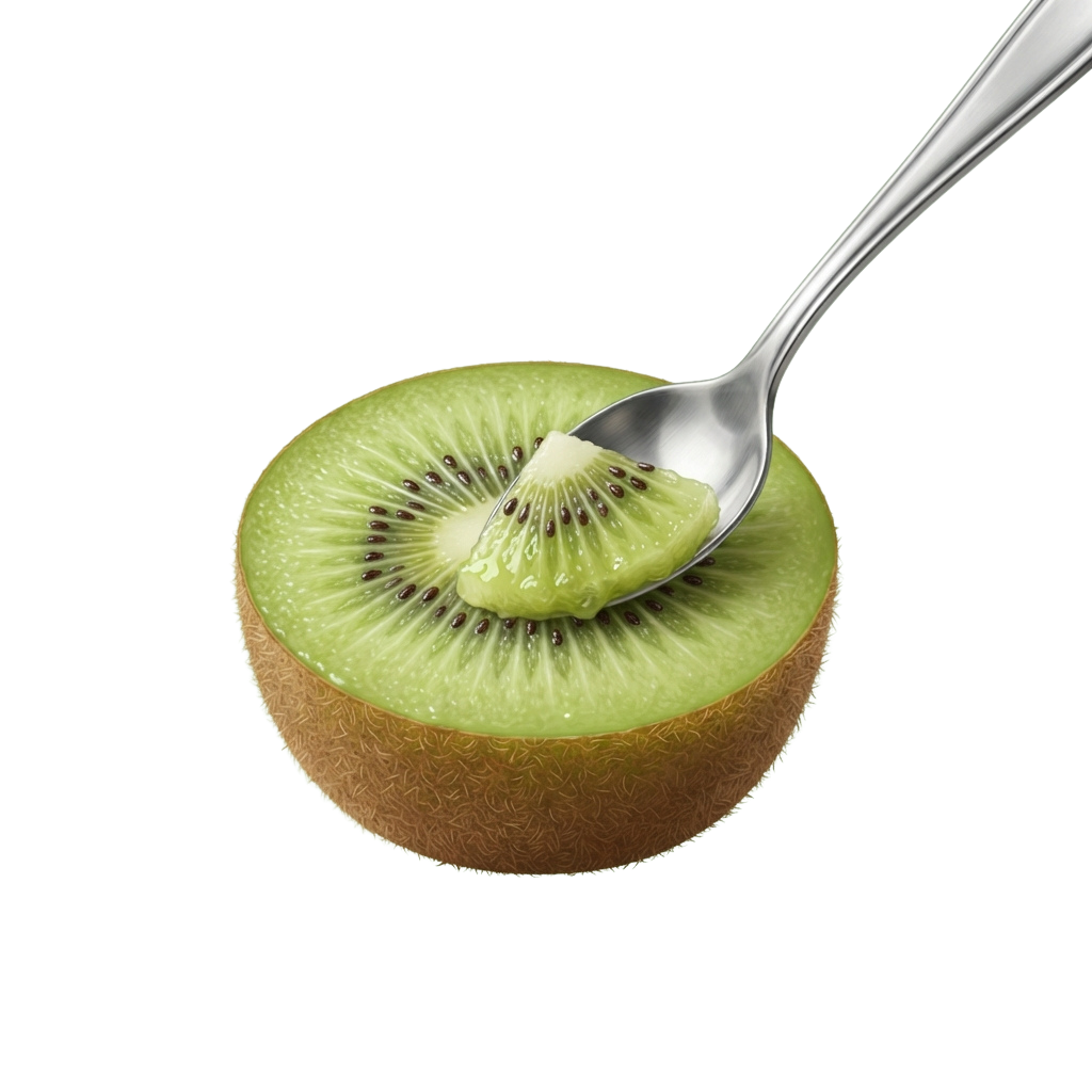 A spoon lifting a piece of green kiwi fruit flesh from a sliced kiwi half on a black background