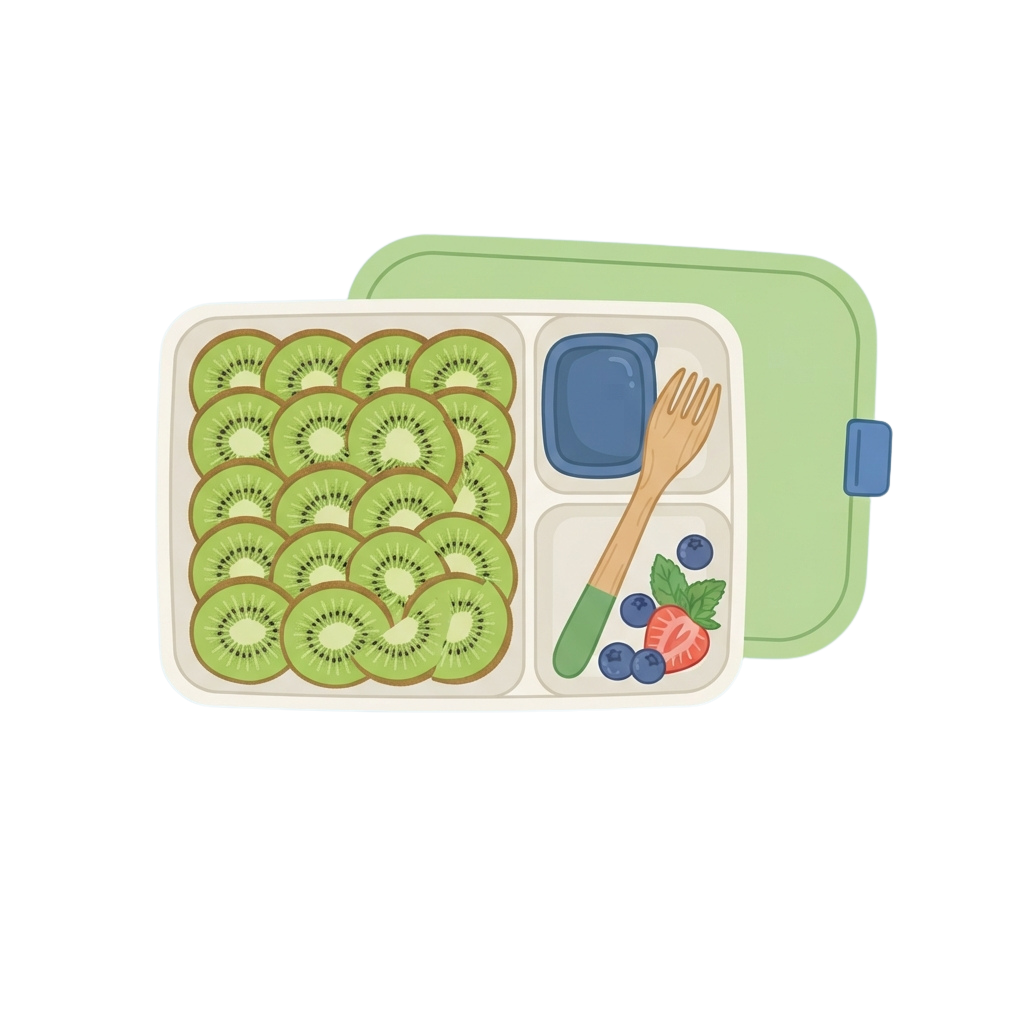 Bento box with sliced kiwi, blueberries, strawberries, a blue container, and a fork and spoon
