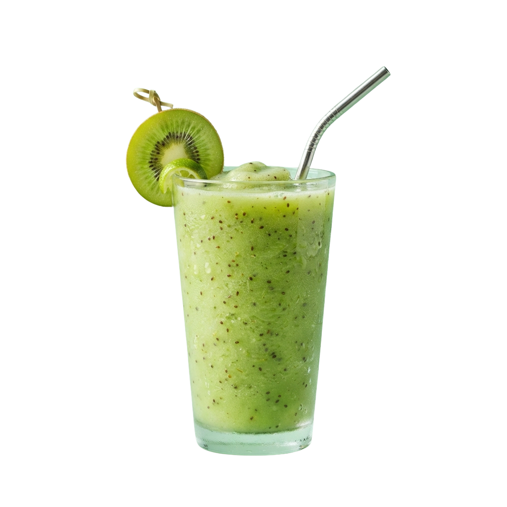 A tall glass filled with green kiwi smoothie garnished with a kiwi slice and a metal straw