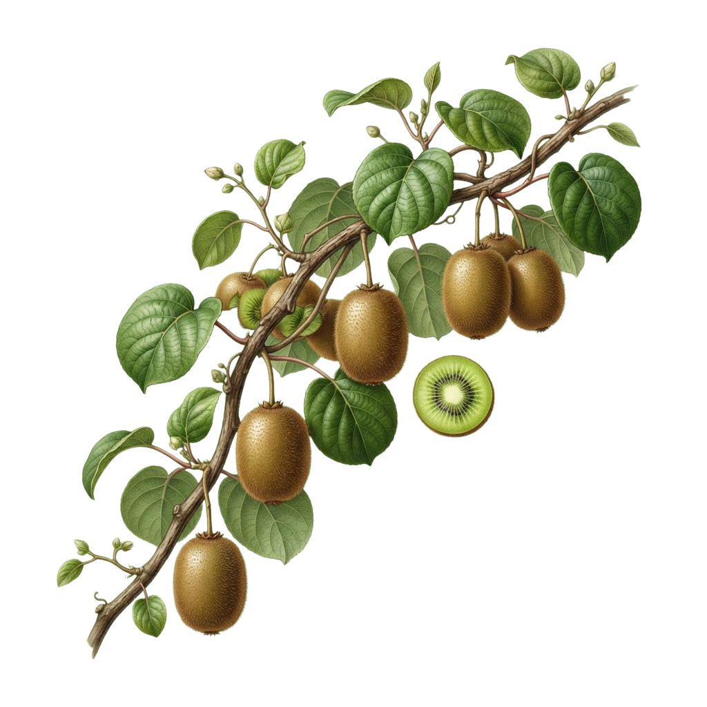 A branch with green leaves and brown kiwi fruits, one cut open showing green flesh and black seeds.