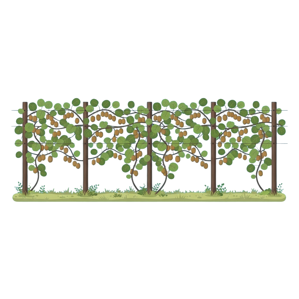 Illustration of fruit trees supported by a trellis system with green leaves and orange fruits.