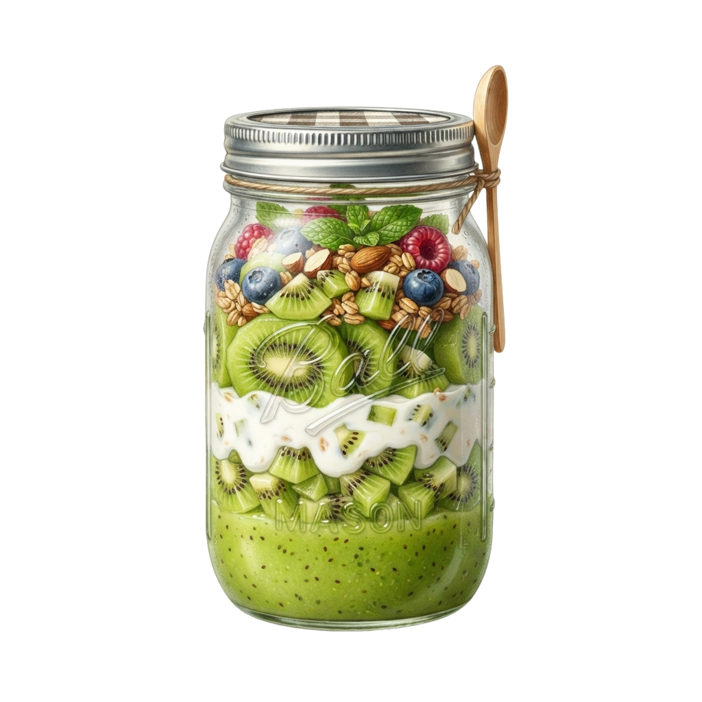 Glass jar filled with layered kiwi smoothie, topped with kiwi slices, almonds, blueberries, raspberries, and yogurt, with a wooden spoon