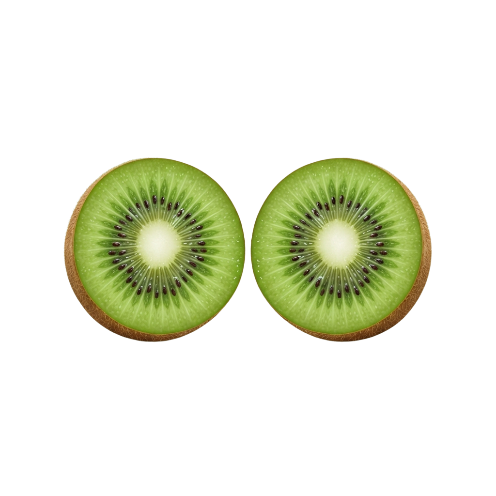 Two sliced kiwi fruits displaying bright green flesh and small black seeds inside.