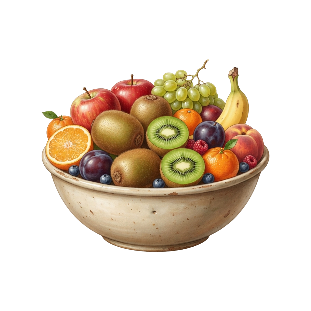 A ceramic bowl filled with a variety of colorful fresh fruits including apples, grapes, kiwis, oranges, plums, and bananas