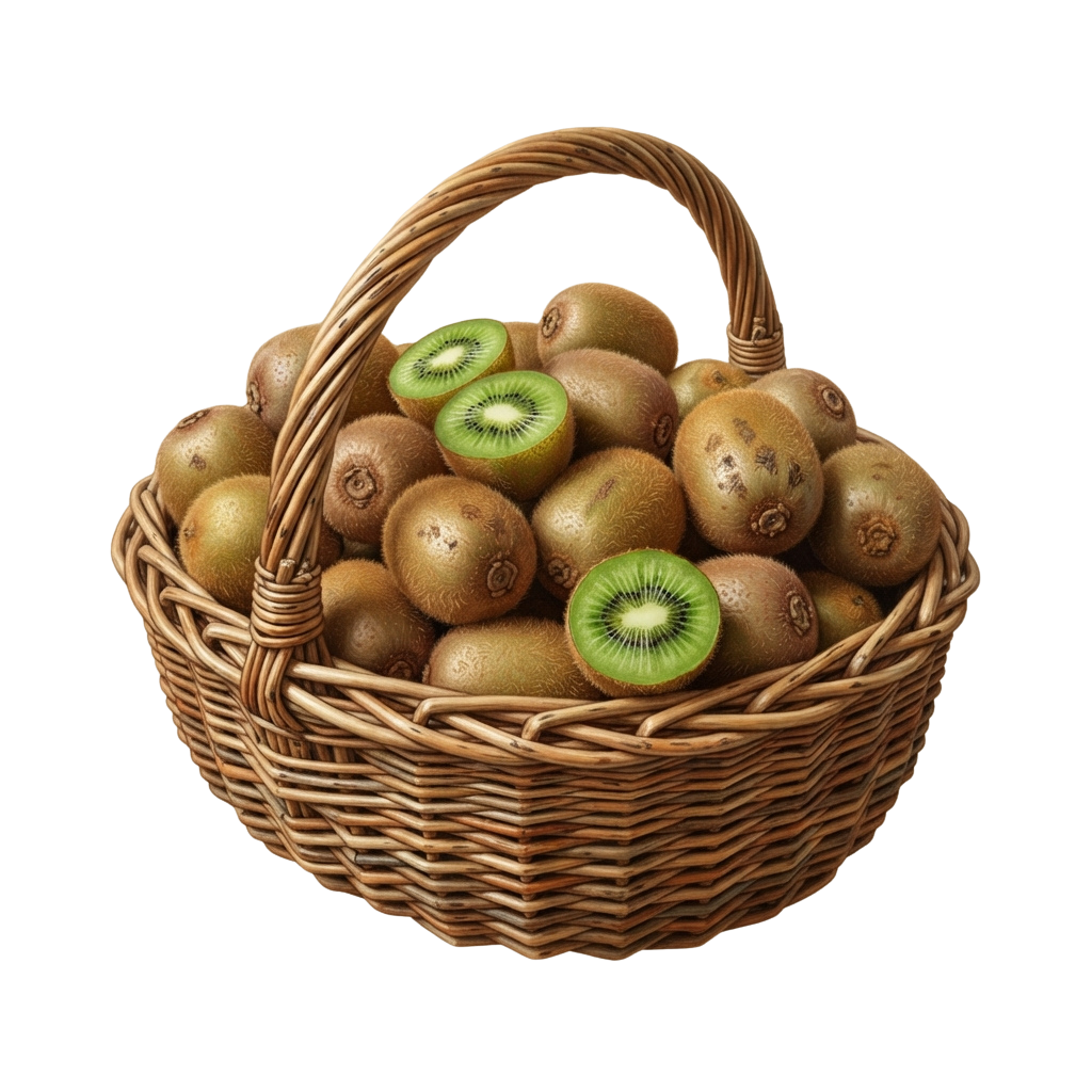 A woven basket filled with whole and sliced kiwi fruits