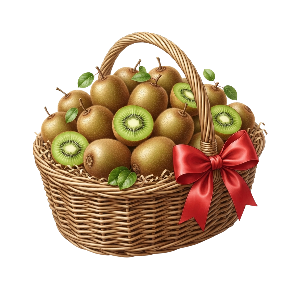 Woven basket filled with kiwi and pear fruits, adorned with a red decorative bow