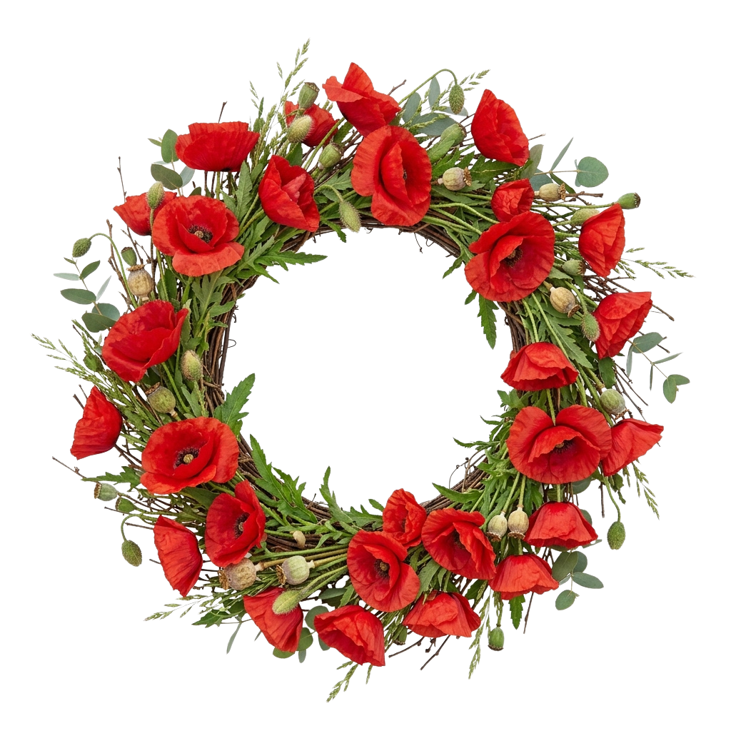 A circular wreath made of red poppy flowers and green foliage on a dark background